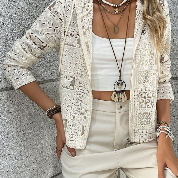 Apricot Casual Women's Hollow-Out Zipper Front Hooded Cardigan - Picture 6 of 6